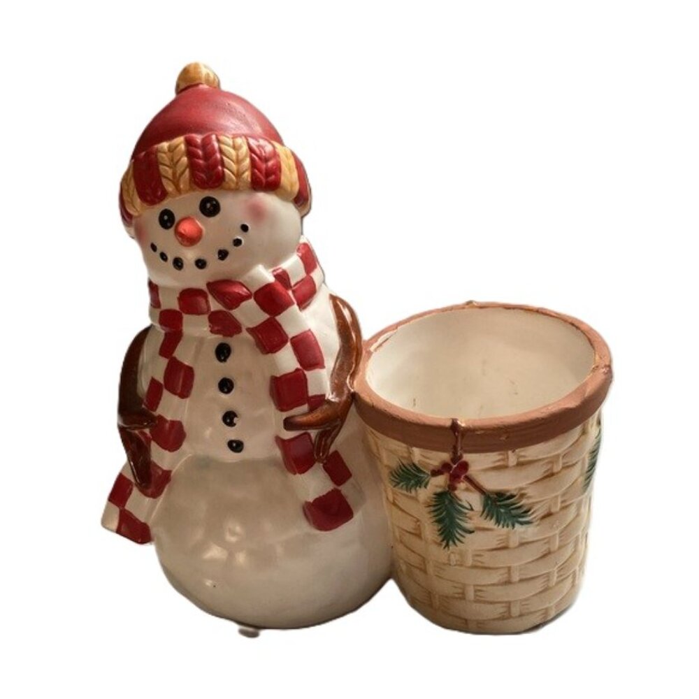 YANKEE CANDLE Snowman Votive Candle Holder Red White Hat and Scarf Basket Holly